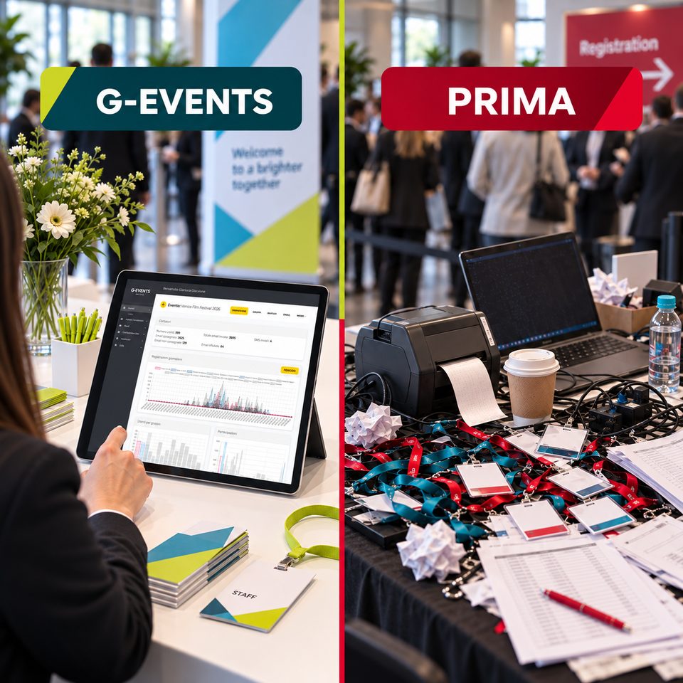 Confronto tra una segreteria evento ordinata con la dashboard G-Events e un desk di accredito caotico con badge, liste cartacee e stampanti