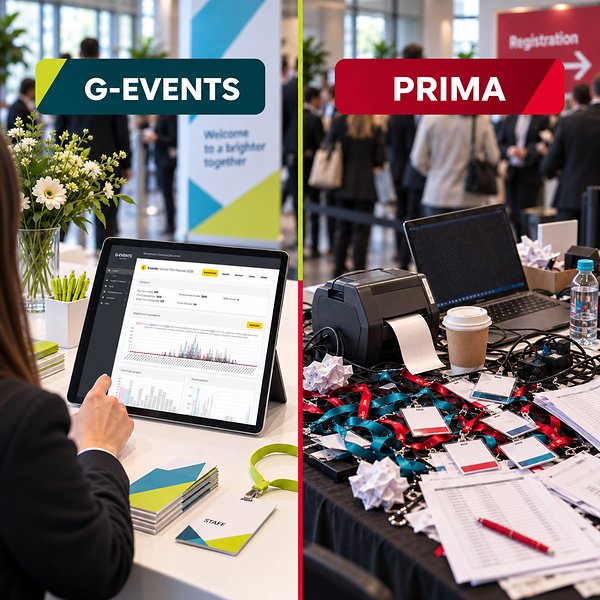 Confronto tra una segreteria evento ordinata con la dashboard G-Events e un desk di accredito caotico con badge, liste cartacee e stampanti