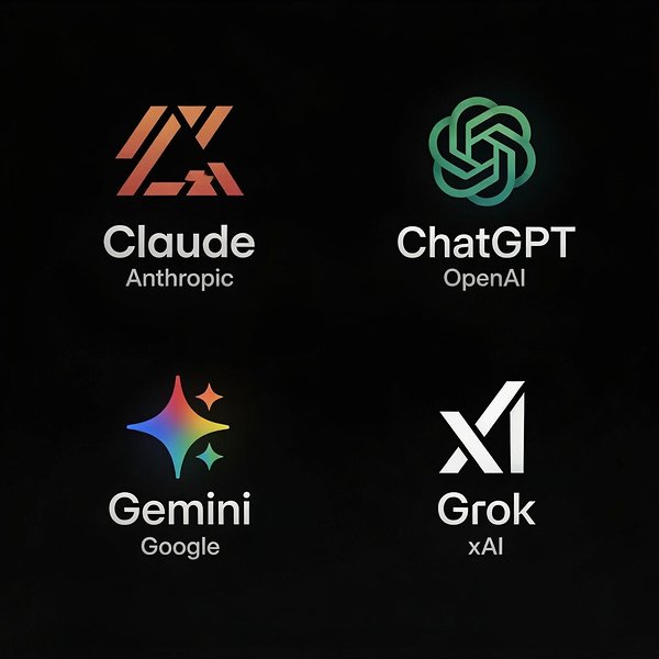Loghi di Claude, ChatGPT, Gemini e Grok — i principali LLM usati nel vibe coding