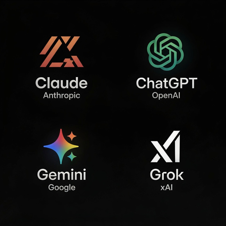 Loghi di Claude, ChatGPT, Gemini e Grok — i principali LLM usati nel vibe coding